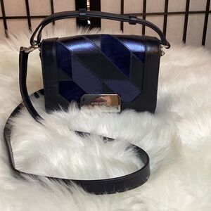 Stuart Weitzman Navy Blue Leather And Suede Patchwork Crossbody Purse